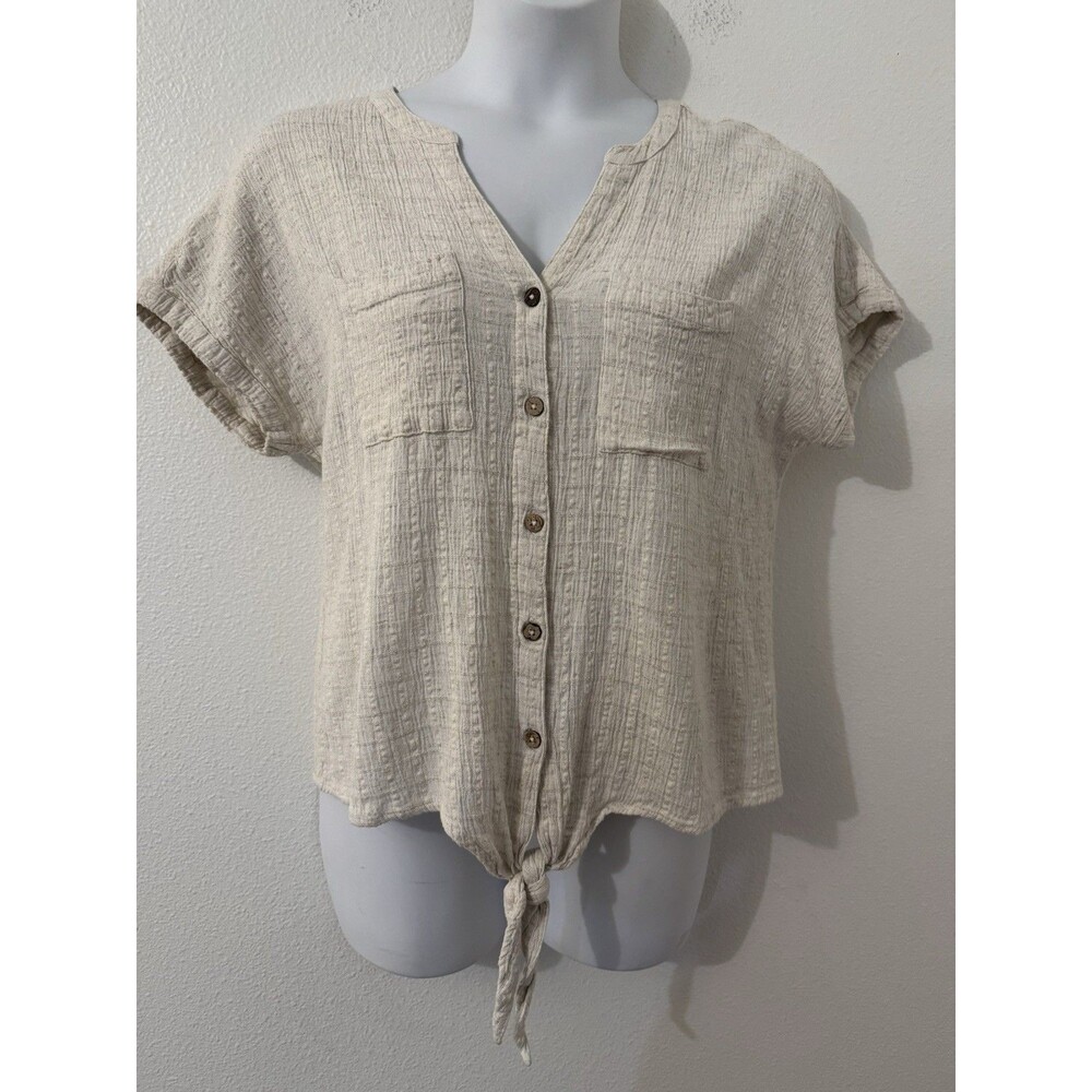 Caffe Marrakesh Blouse Short Sleeve Button Up Cream Front Tie Boho Minimalist XL